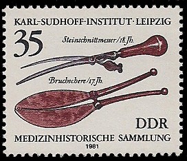 35 Pf Briefmarke: Medizinhistorische Sammlung, Steinschnittmesser u Bruchschere 35 Pf Briefmarke: Medizinhistorische Sammlung, Steinschnittmesser u Bruchschere
