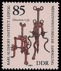 85 Pf Briefmarke: Medizinhistorische Sammlung, Karl-Sudhoff-Institut Leipzig, Elevatoren
