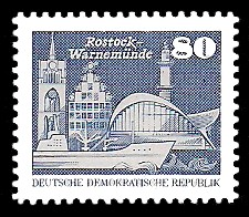 80 Pf Briefmarke: Sozialistischer Aufbau in der DDR, Rostock-Warnemünde