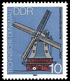 10 Pf Briefmarke: Technische Denkmale, Windmühlen, Galerieholländermühle Dabel