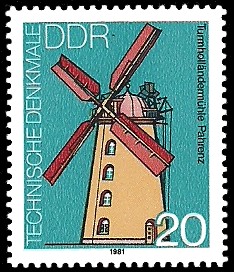 20 Pf Briefmarke: Technische Denkmale, Windmühlen, Turmholländermühle Pahrenz