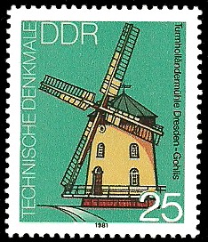 25 Pf Briefmarke: Technische Denkmale, Windmühlen, Turmholländermühle Dresden-Gohlis