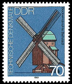 70 Pf Briefmarke: Technische Denkmale, Windmühlen, Bockwindmühle Ballstädt 70 Pf Briefmarke: Technische Denkmale, Windmühlen, Bockwindmühle Ballstädt