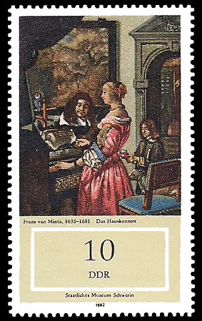 10 Pf Briefmarke: Staatliches Museum Schwerin, Das Hauskonzert 10 Pf Briefmarke: Staatliches Museum Schwerin, Das Hauskonzert