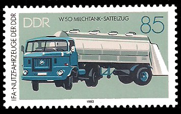 85 Pf Briefmarke: IFA-Nutzfahrzeuge der DDR, W50 Milchtank-Sattelzug 85 Pf Briefmarke: IFA-Nutzfahrzeuge der DDR, W50 Milchtank-Sattelzug