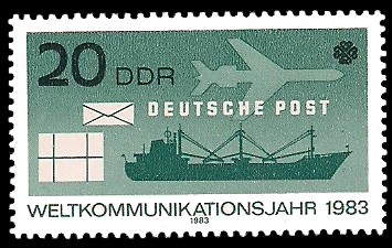 20 Pf Briefmarke: Weltkommunikationsjahr, Flugzeug und Schiff
