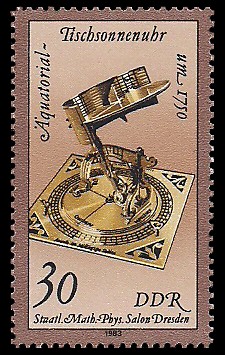 30 Pf Briefmarke: Kostbare Sand- und Sonnenuhren, Äquatorial-Tischsonnenuhr 30 Pf Briefmarke: Kostbare Sand- und Sonnenuhren, Äquatorial-Tischsonnenuhr