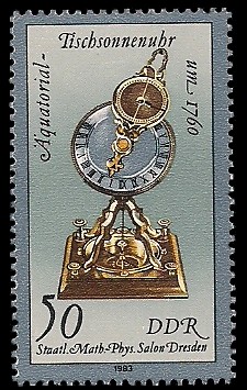 50 Pf Briefmarke: Kostbare Sand- und Sonnenuhren, Äquatorial-Tischsonnenuhr 50 Pf Briefmarke: Kostbare Sand- und Sonnenuhren, Äquatorial-Tischsonnenuhr