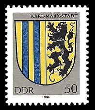 50 Pf Briefmarke: Stadtwappen von Karl-Marx-Stadt