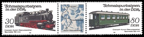 Briefmarke: Dreierstreifen A - Schmalspurbahnen in der DDR, Cranzahl-Oberwiesenthal Briefmarke: Dreierstreifen A - Schmalspurbahnen in der DDR, Cranzahl-Oberwiesenthal
