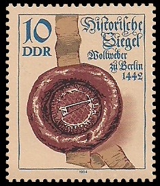 10 Pf Briefmarke: Historische Siegel, Siegel der Wollweber zu Berlin 10 Pf Briefmarke: Historische Siegel, Siegel der Wollweber zu Berlin