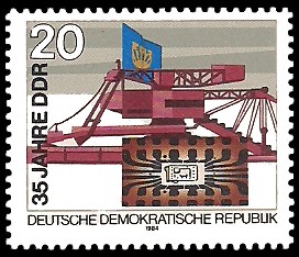 20 Pf Briefmarke: 35 Jahre DDR, Braunkohlentagebaubagger u Schaltkreis 20 Pf Briefmarke: 35 Jahre DDR, Braunkohlentagebaubagger u Schaltkreis