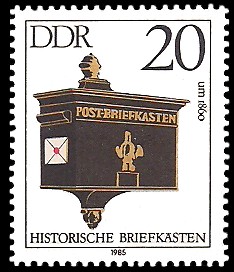 20 Pf Briefmarke: Historische Briefkästen, Post-Briefkasten um 1860 20 Pf Briefmarke: Historische Briefkästen, Post-Briefkasten um 1860