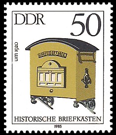 50 Pf Briefmarke: Historische Briefkästen, Postbriefkasten um 1920 50 Pf Briefmarke: Historische Briefkästen, Postbriefkasten um 1920