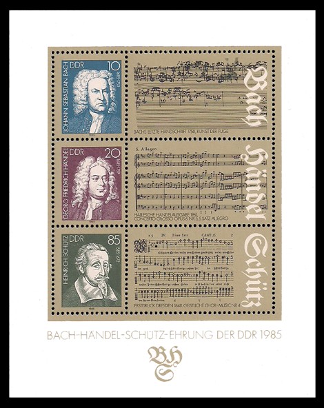 Briefmarke: Block - Bach-Händel-Schütz-Ehrung der DDR 1985 Briefmarke: Block - Bach-Händel-Schütz-Ehrung der DDR 1985