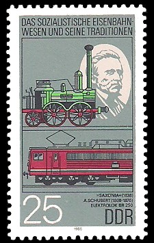 25 Pf Briefmarke: Das sozialistische Eisenbahn-wesen und seine Traditionen, alte Lok SAXONIA u Elektrolok
