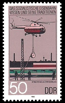 50 Pf Briefmarke: Das sozialistische Eisenbahn-wesen und seine Traditionen, Streckenelektrifizierung