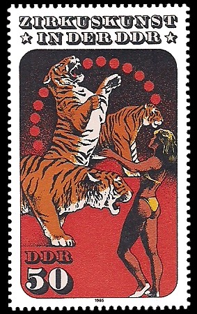 50 Pf Briefmarke: Zirkuskunst in der DDR, Tiger 50 Pf Briefmarke: Zirkuskunst in der DDR, Tiger