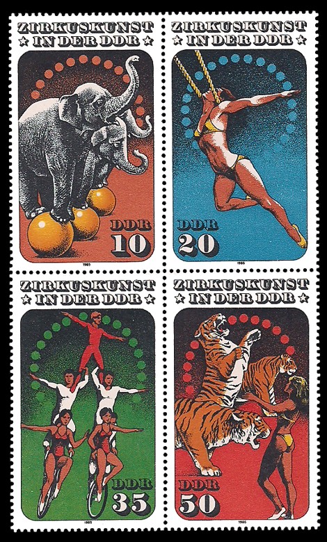 Briefmarke: Viererblock - Zirkuskunst in der DDR Briefmarke: Viererblock - Zirkuskunst in der DDR