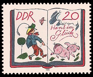 20 Pf Briefmarke: 200. Geburtstag Jacob und Wilhelm Grimm, Hans im Glück 20 Pf Briefmarke: 200. Geburtstag Jacob und Wilhelm Grimm, Hans im Glück