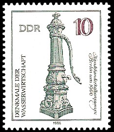 10 Pf Briefmarke: Denkmale der Wasserwirtschaft, Handständerkolbenpumpe