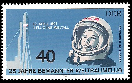 40 Pf Briefmarke: 25 Jahre bemannter Weltraumflug, Juri Gagarin
