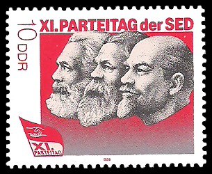 10 Pf Briefmarke: XI. Parteitag der SED - Marx, Engels u Lenin 10 Pf Briefmarke: XI. Parteitag der SED - Marx, Engels u Lenin