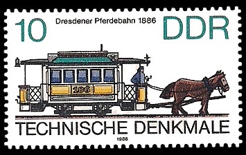 10 Pf Briefmarke: Technische Denkmale - Straßenbahnen, Dresdener Pferdebahn 10 Pf Briefmarke: Technische Denkmale - Straßenbahnen, Dresdener Pferdebahn