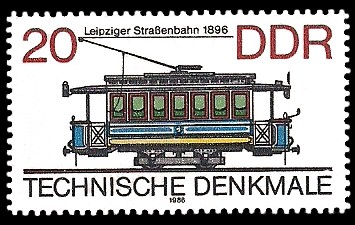 20 Pf Briefmarke: Technische Denkmale - Straßenbahnen, Leipziger Straßenbahn 20 Pf Briefmarke: Technische Denkmale - Straßenbahnen, Leipziger Straßenbahn