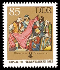 85 Pf Briefmarke: Leipziger Herbstmesse 1986, Historische Marktszene 85 Pf Briefmarke: Leipziger Herbstmesse 1986, Historische Marktszene
