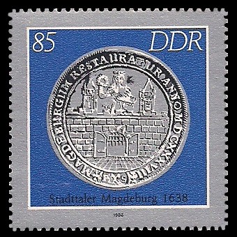 85 Pf Briefmarke: Historische Münzen, Stadttaler Magdeburg 85 Pf Briefmarke: Historische Münzen, Stadttaler Magdeburg