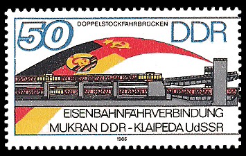 50 Pf Briefmarke: Eisenbahnfährverbindung Mukran-Klaipeda, Doppelstockfährbrücken