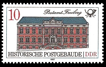 10 Pf Briefmarke: Historische Postgebäude, Postamt Freiberg