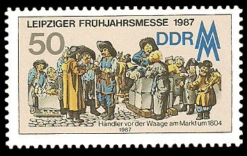 50 Pf Briefmarke: Leipziger Frühjahrsmesse 1987, alte Händlerszene