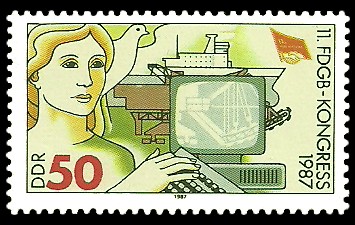 50 Pf Briefmarke: 11. FDGB-Kongress 1987, Computer-Arbeitsplatz 50 Pf Briefmarke: 11. FDGB-Kongress 1987, Computer-Arbeitsplatz