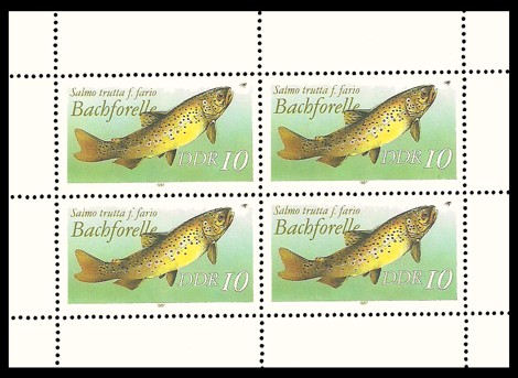 Briefmarke: Kleinbogen - Süßwasserfische, Bachforelle Briefmarke: Kleinbogen - Süßwasserfische, Bachforelle