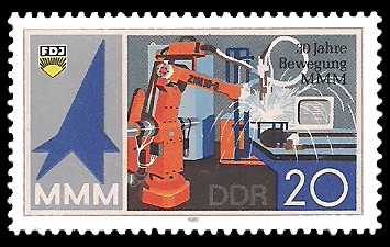 20 Pf Briefmarke: 30 Jahre Bewegung MMM, Schweißroboter 20 Pf Briefmarke: 30 Jahre Bewegung MMM, Schweißroboter