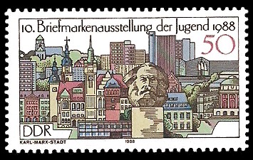 50 Pf Briefmarke: 10. Briefmarkenausstellung der Jugend 1988, Karl-Marx-Stadt 50 Pf Briefmarke: 10. Briefmarkenausstellung der Jugend 1988, Karl-Marx-Stadt