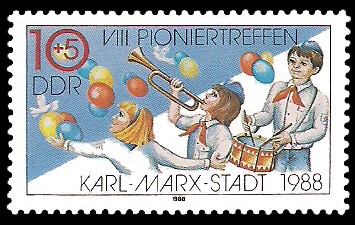 10 + 5 Pf Briefmarke: VIII. Pioniertreffen Karl-Marx-Stadt, Pioniere 10 + 5 Pf Briefmarke: VIII. Pioniertreffen Karl-Marx-Stadt, Pioniere