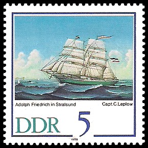 5 Pf Briefmarke: 500 Jahre Schiffer-Compagnie Stralsund, Segelschiffe, Adolph Friedrich 5 Pf Briefmarke: 500 Jahre Schiffer-Compagnie Stralsund, Segelschiffe, Adolph Friedrich