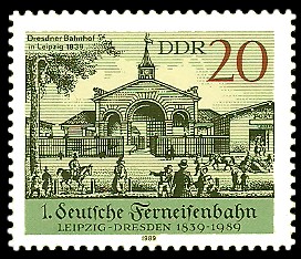 20 Pf Briefmarke: 1. Deutsche Ferneisenbahn, Dresdner Bahnhof in Leipzig