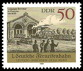 50 Pf Briefmarke: 1. Deutsche Ferneisenbahn, Leipziger Bahnhof in Dresden 50 Pf Briefmarke: 1. Deutsche Ferneisenbahn, Leipziger Bahnhof in Dresden