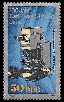 50 Pf Briefmarke: 100 Jahre Carl-Zeiss-Stiftung Jena, Interferenzmikroskop