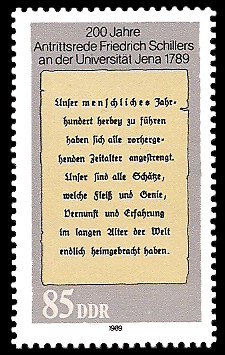 85 Pf Briefmarke: 200 Jahre Akademische Antrittsrede F. Schillers 85 Pf Briefmarke: 200 Jahre Akademische Antrittsrede F. Schillers