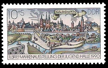 10 + 5 Pf Briefmarke: 11. Briefmarkenausstellung der Jugend in Halle, Halle Anfang 18.Jh. 10 + 5 Pf Briefmarke: 11. Briefmarkenausstellung der Jugend in Halle, Halle Anfang 18.Jh.