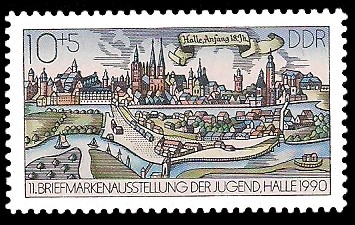 10 + 5 Pf Briefmarke: 11. Briefmarkenausstellung der Jugend in Halle, Halle Anfang 18.Jh.