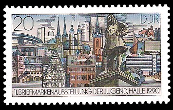 20 Pf Briefmarke: 11. Briefmarkenausstellung der Jugend in Halle, Halle 1990 20 Pf Briefmarke: 11. Briefmarkenausstellung der Jugend in Halle, Halle 1990