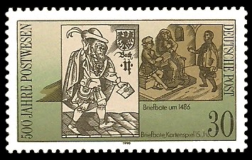 30 Pf Briefmarke: 500 Jahre Postwesen, Briefbote 15.Jh. 30 Pf Briefmarke: 500 Jahre Postwesen, Briefbote 15.Jh.