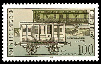 100 Pf Briefmarke: 500 Jahre Postwesen, Bahnpostwagen