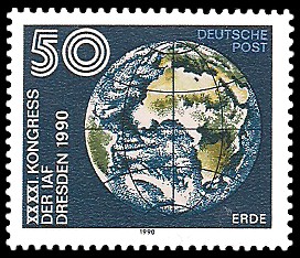 50 Pf Briefmarke: XXXXI. Kongress der IAF Desden 1990, Erde 50 Pf Briefmarke: XXXXI. Kongress der IAF Desden 1990, Erde